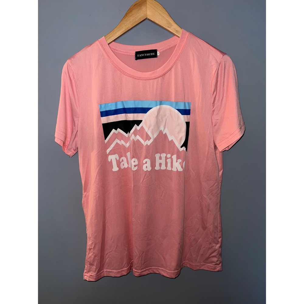 Fancyqube Pink Take a Hike Mountain Graphic Tee Short Sleeve Crew Neck Top L